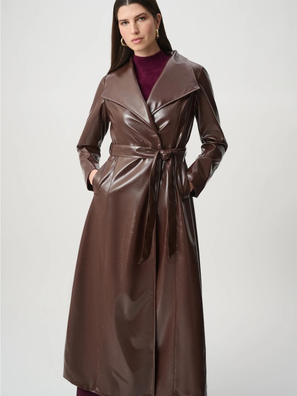 Joseph Ribkoff Long Brown Leatherette Trench Coat